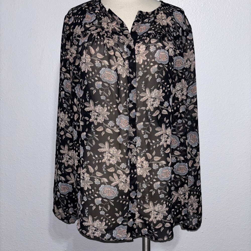 Bedford Fair Black‎ Floral Sheer Blouse Size Large Long Sleeve Boho Peasant Top